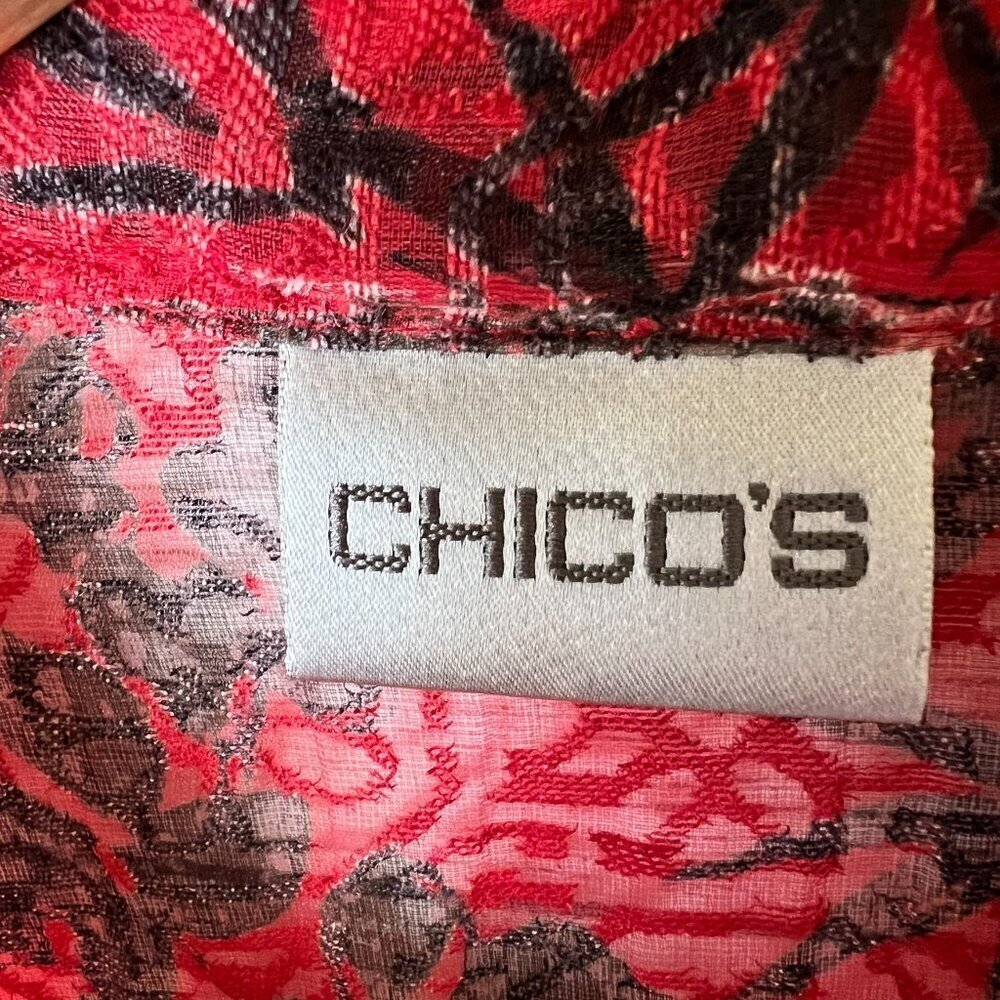 Chicos Blouse Womens SZ 1 / M Red, Black & White Floral Bamboo Print Linen Blend - Picture 2 of 15